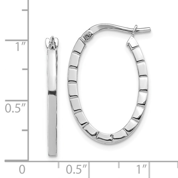 14k White Gold Striped Edge Oval Hoop Earrings - Picture 2 of 4